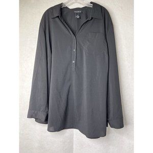 Black BasicTop Blouse 3X Semi Sheer Swirls Long Sleeve Maggie Barnes Button Up